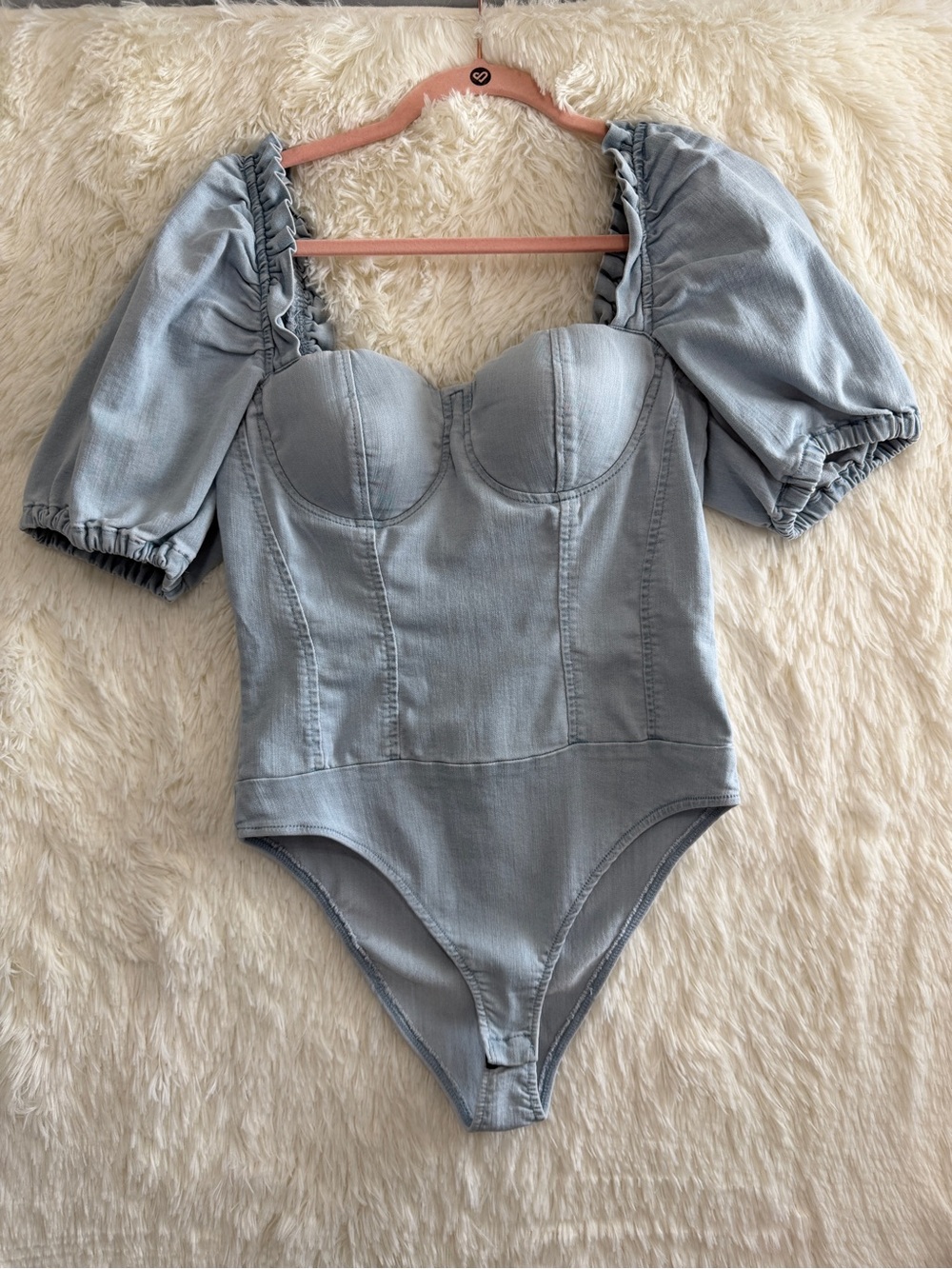 Haute Monde Womens Corset Denim Bodysuit Size S Puff Sleeve Cottagecore Concert